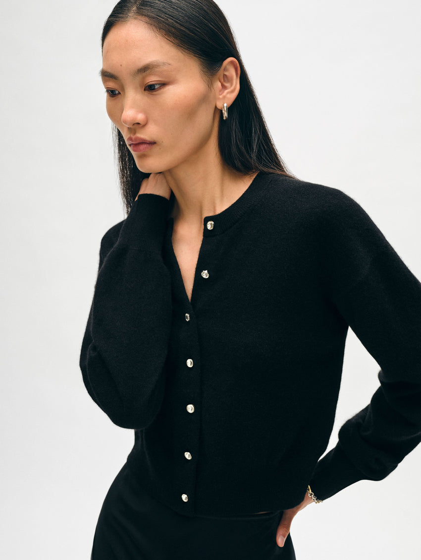 Cashmere Rhinestone Button Cardigan - Black - Millie Costal Accents