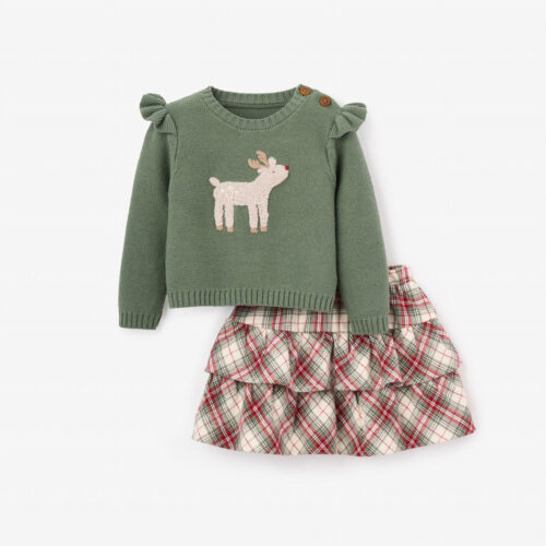 Christmas Reindeer Sweater + Red Plaid Skirt
