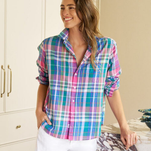 Eileen Italian Cotton - Green and Pink with Blue Plaid