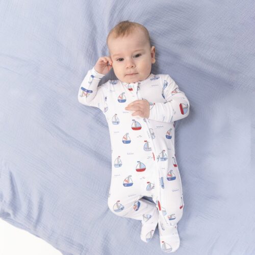 2 Way Zipper Footie - Bubbly Sailboats Blue