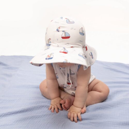 Wide Brim Sun Hat - Bubbly Sailboats Blue
