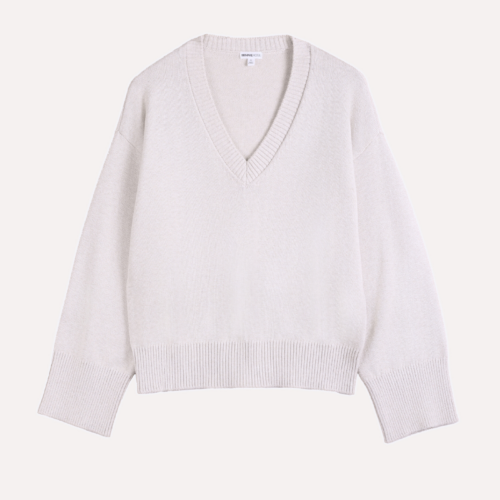 Luxe Cotton Cashmere Blend Boxy V Neck - Starch