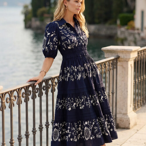Puff Sleeve Embroidered Dress - Navy
