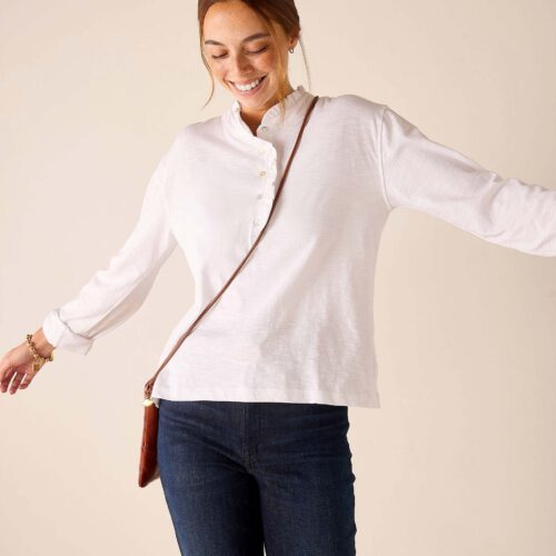 Josephine Long Sleeve Ruffle Henley - White
